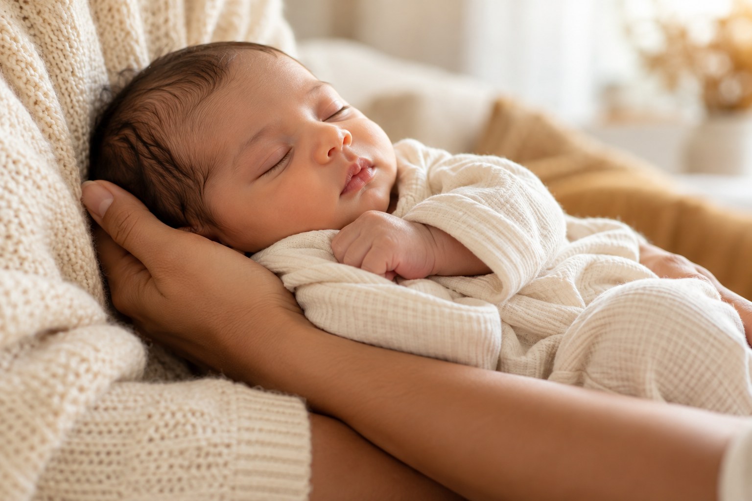 A caregiver gently cradling a sleeping newborn
