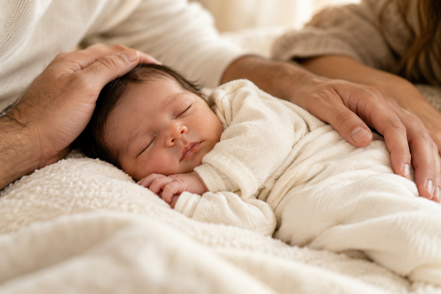 Parents gently supporting their sleeping newborn