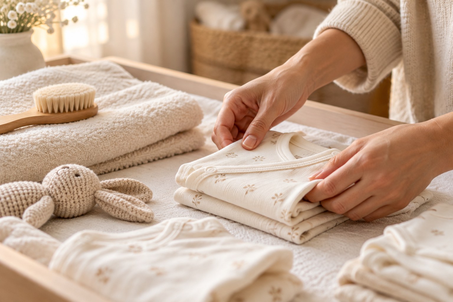 Preparing soft newborn clothes and care essentials