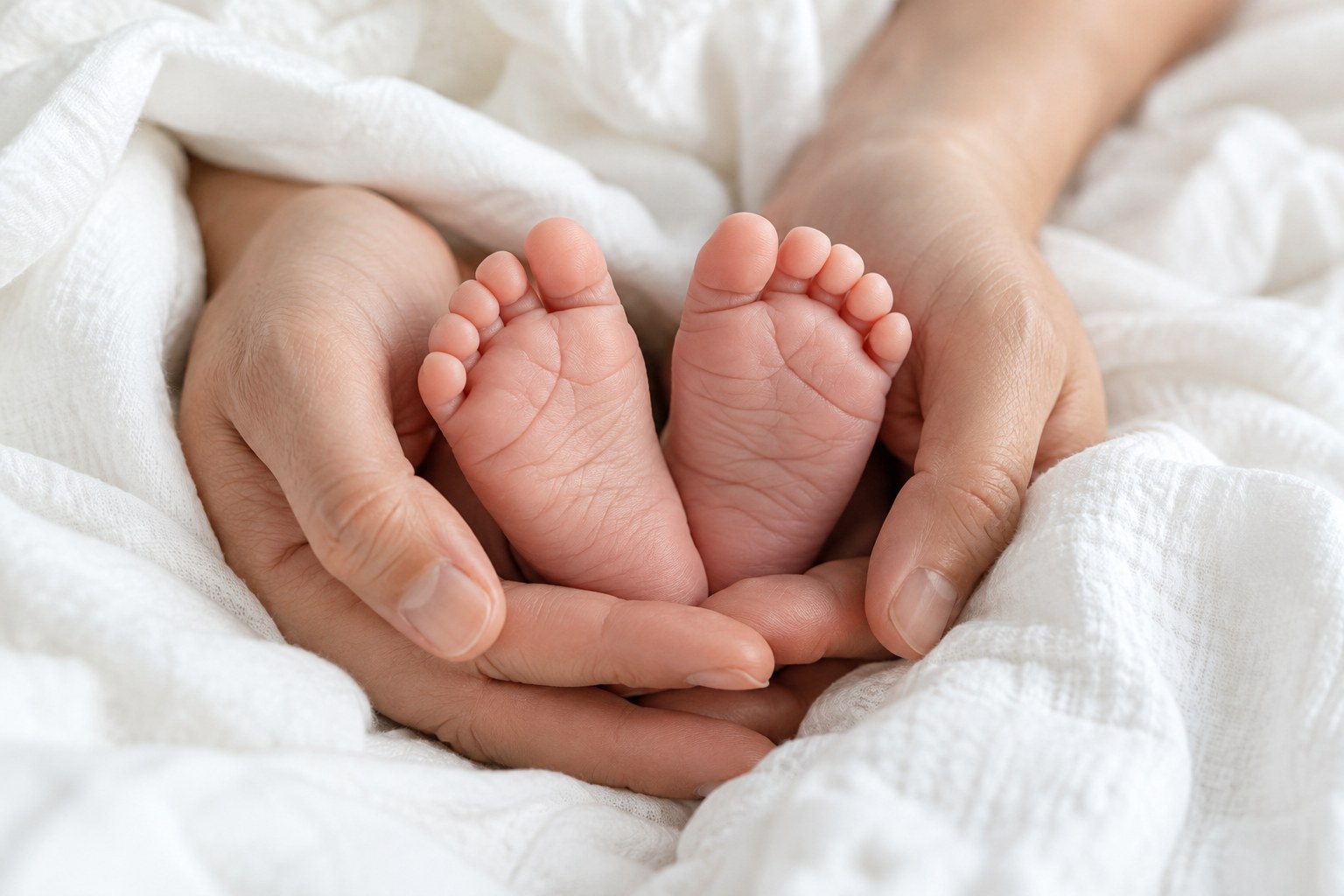 Adult hands gently holding a newborn's feet
